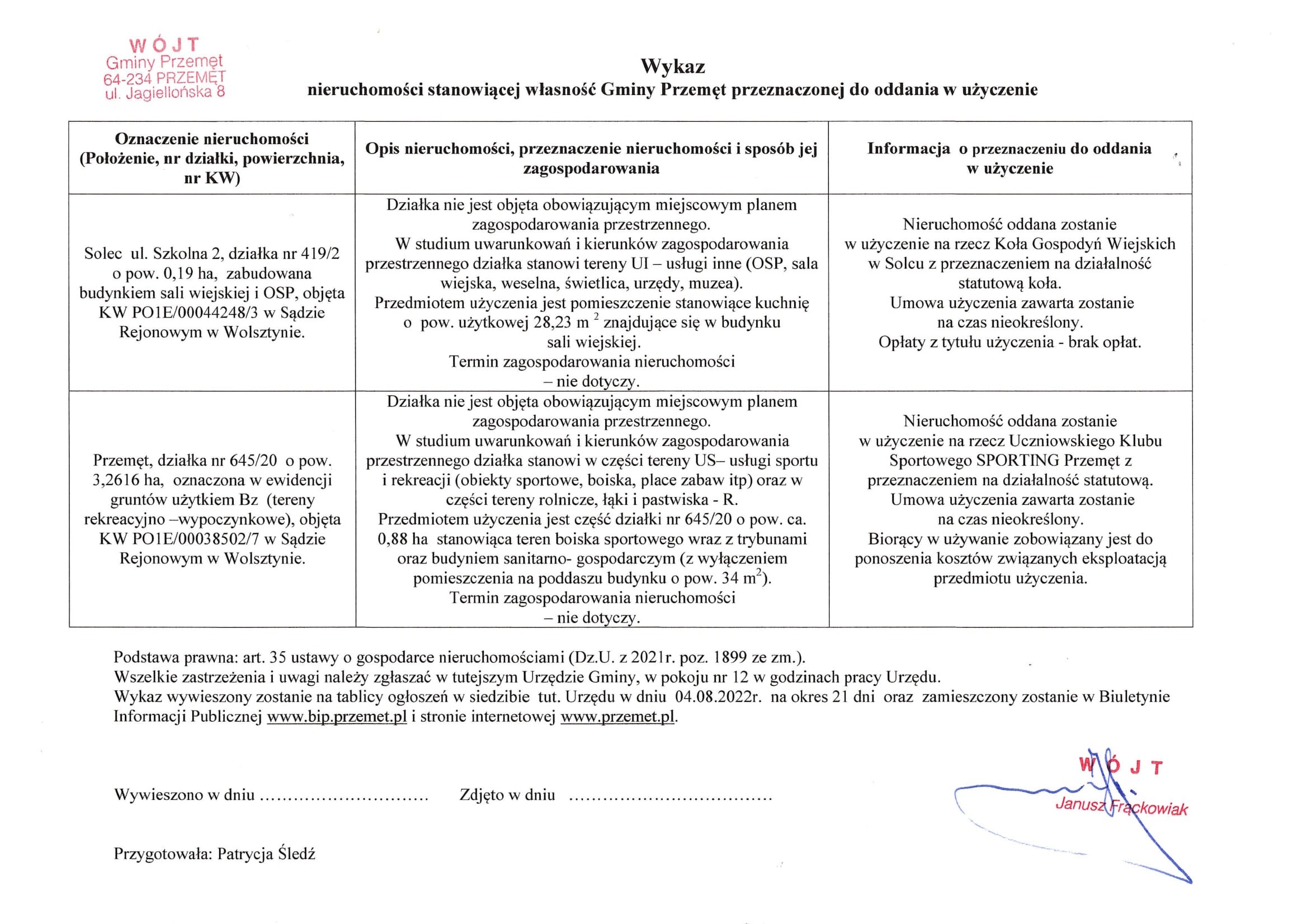 Wykaz nieruchomości stanowiacej własność Gminy Przemęt przeznaczonej do oddania w użyczenie