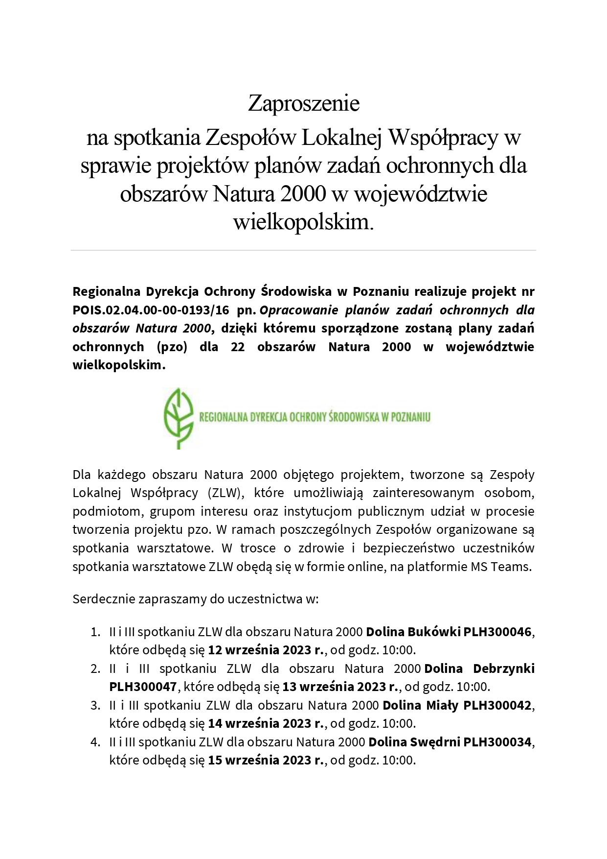 Zaproszenie na spotkania Zespołów Lokalnej Współpracy w sprawie projektów planów zadań ochronnych dla obszarów Natura 2000 w województwie wielkopolskim.