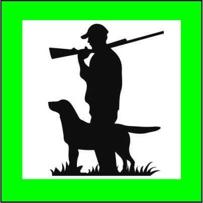 Grafika przedstawia leśniczego z psem na biało zielonym tle.