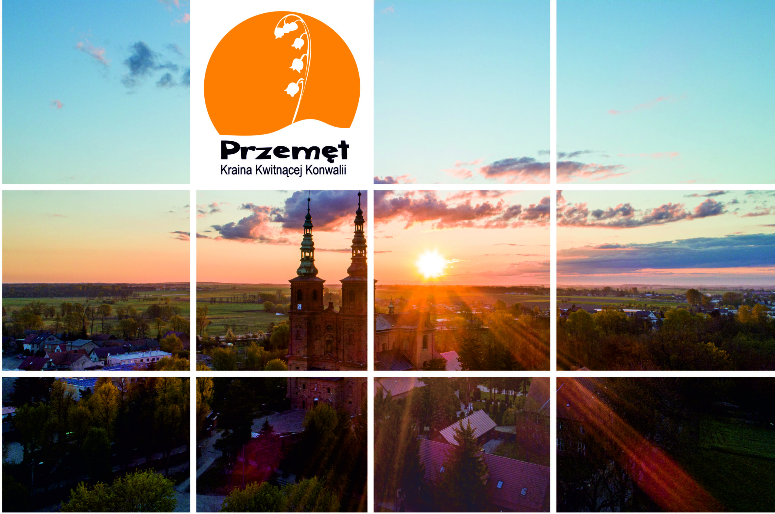 Zdjęcie przedstawia kościół pw. św. Jana Chrzciciela w Przemęcie o wschodzie słońca. Na zdjęcie dodano logo Gminy Przemęt.