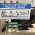 Zdjęcie przedstawia okienko na którym widnieje naklejka z napisem "KLIENCI OBSŁUGIWANI POZA KOLEJNOŚCIĄ". Pod napisem widnieją cztery obrazki: osoba z dzieckiem, osoba na wózku inwalidzkim, kobieta w ciąży oraz liczba "70+". Na samym dole naklejki znajduje się napis: "PROSIMY O PODEJŚCIE BEZPOŚREDNIO DO OKIENKA". Niżej została umieszczona jeszcze jedna naklejka w kolorze zielonym z napisem "DEFIBRYLATOR AED" oraz grafiką serca.