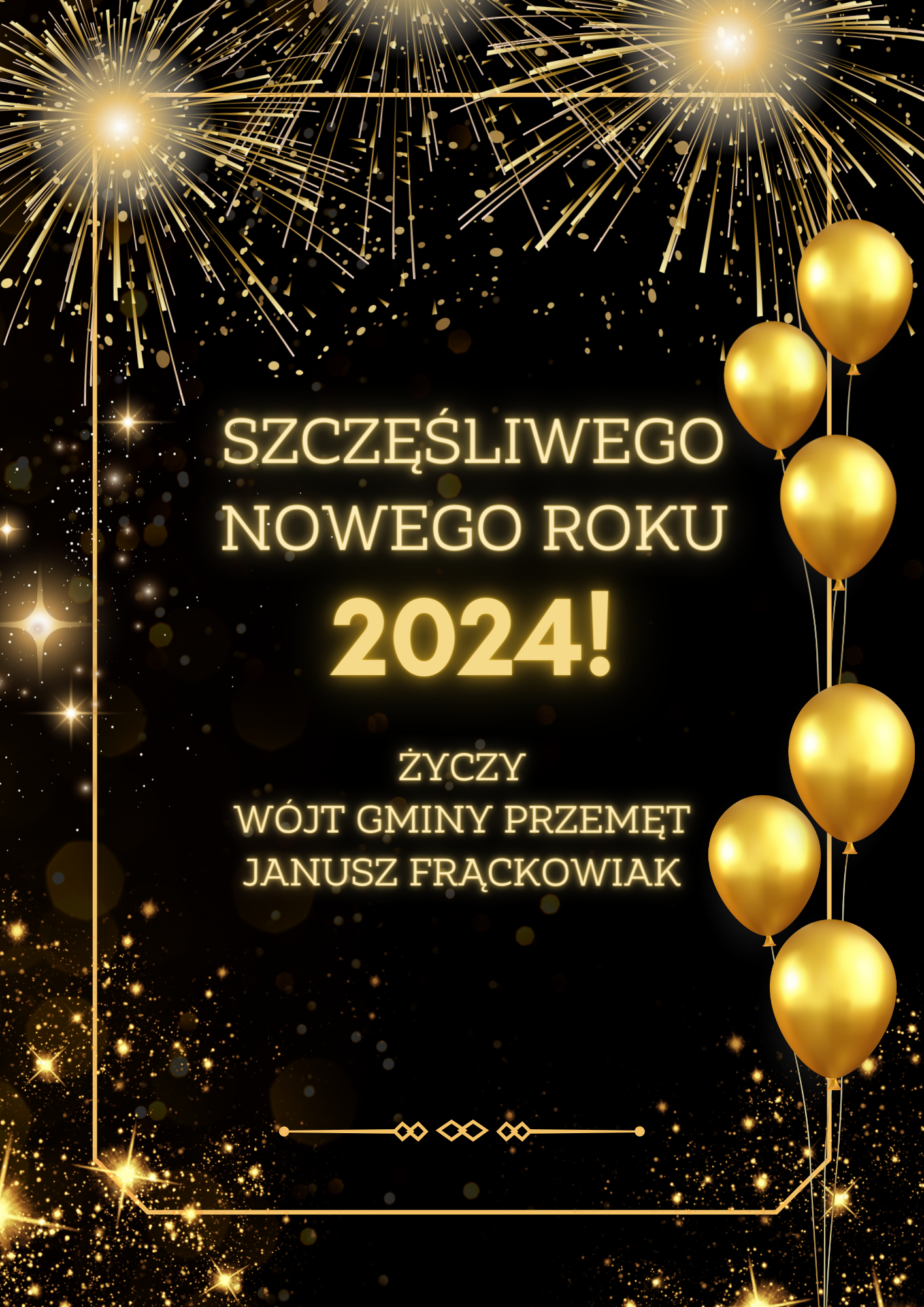 Na obrazku widnieje złoty napis "SZCZĘŚLIWEGO NOWEGO ROKU 2024! ŻYCZY WÓJT GMINY PRZEMĘT JANUSZ FRĄCKOWIAK". Obrazek ma tło czarne ze złotymi dodatkami w postaci balonów i fajerwerków.