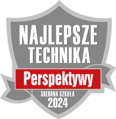 Grafika przedstawia srebrną tarczę, na której widnieje napis: " NAJLEPSZE TECHNIKA Perspektywy srebrna szkoła 2024"