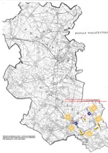 Grafika przedstawia mapę powiatu wolsztyńskiego z wyszczególnieniem Siekówka i robót drogowych. Na mapie napisane jest na czerwono: "roboty drogowe, wykonanie nawierzchni drogowej w m. Siekówko, roboty prowadzone cała szerokością jezdni".