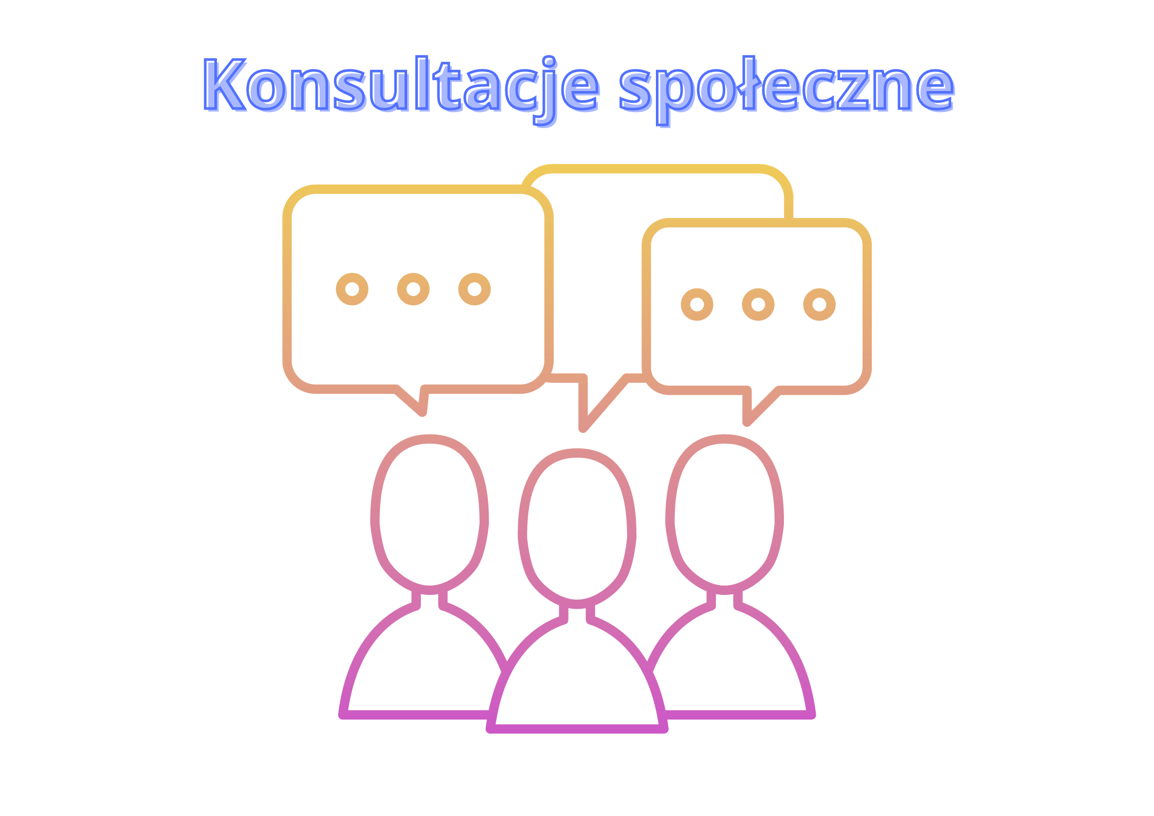 Grafika trzech postaci z dymkiem czatu nad głowami. Nad nimi widnieje napis: "Konsultacje społeczne".