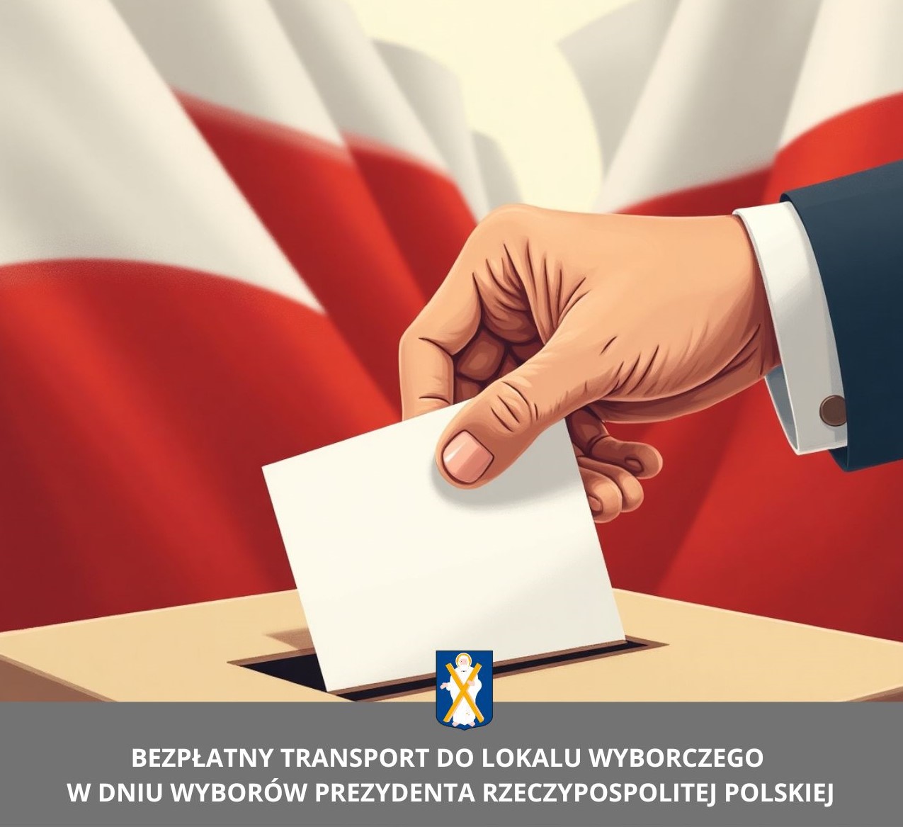 Grafika przedstawia rękę, która wrzuca kartkę do urny. W tle flagi Polski. Treść na grafice: "Bezpłatny transport do lokalu wyborczego w dniu wyborów Prezydenta Rzeczypospolitej Polskiej". Na grafice znajduje się także herb gminy Przemęt.