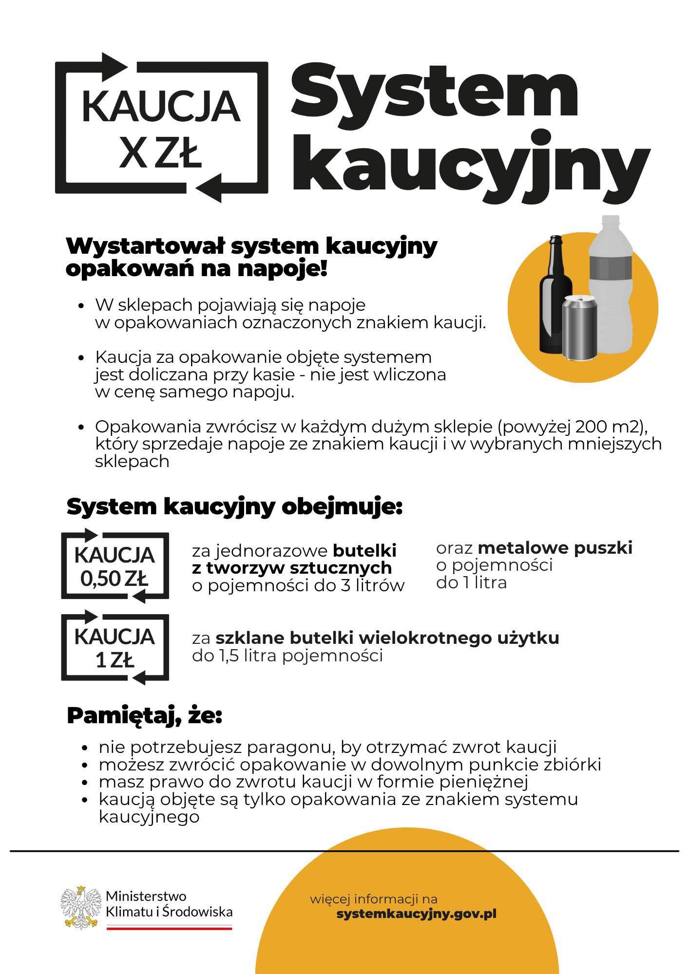 Plakat przedstawia informacje o uruchomieniu ogólnopolskiego systemu kaucyjnego na opakowania po napojach. Ma on na celu ułatwienie zwrotu pustych opakowań i odzyskanie za nie kaucji. W górnej części plakatu znajduje się logo systemu kaucyjnego – czarne strzałki wokół napisu „KAUCJA X zł” oraz tytuł „System kaucyjny”. Obok umieszczono grafikę przedstawiającą trzy typy opakowań: szklaną butelkę, puszkę oraz plastikową butelkę. Poniżej umieszczono najważniejsze informacje: Wprowadzenie: W sklepach pojawiają się napoje w opakowaniach oznaczonych znakiem kaucji. Kaucja doliczana jest przy kasie (nie jest wliczona w cenę napoju). Opakowania można oddać w każdym dużym sklepie (powyżej 200 m²), który sprzedaje napoje z oznaczeniem systemu kaucyjnego, oraz w wybranych mniejszych punktach. Co obejmuje system kaucyjny: KAUCJA 0,50 zł – za: jednorazowe butelki plastikowe do 3 litrów oraz metalowe puszki do 1 litra. KAUCJA 1,00 zł – za: szklane butelki wielokrotnego użytku do 1,5 litra. Ważne informacje: - nie trzeba okazywać paragonu, by odzyskać kaucję, - opakowania można zwracać w dowolnym punkcie zbiórki, - kaucja zwracana jest w formie pieniężnej, - zwrotowi podlegają tylko opakowania oznaczone znakiem systemu kaucyjnego. Na dole plakatu znajduje się logotyp Ministerstwa Klimatu i Środowiska oraz adres strony internetowej z dodatkowymi informacjami: systemkaucyjny.gov.pl