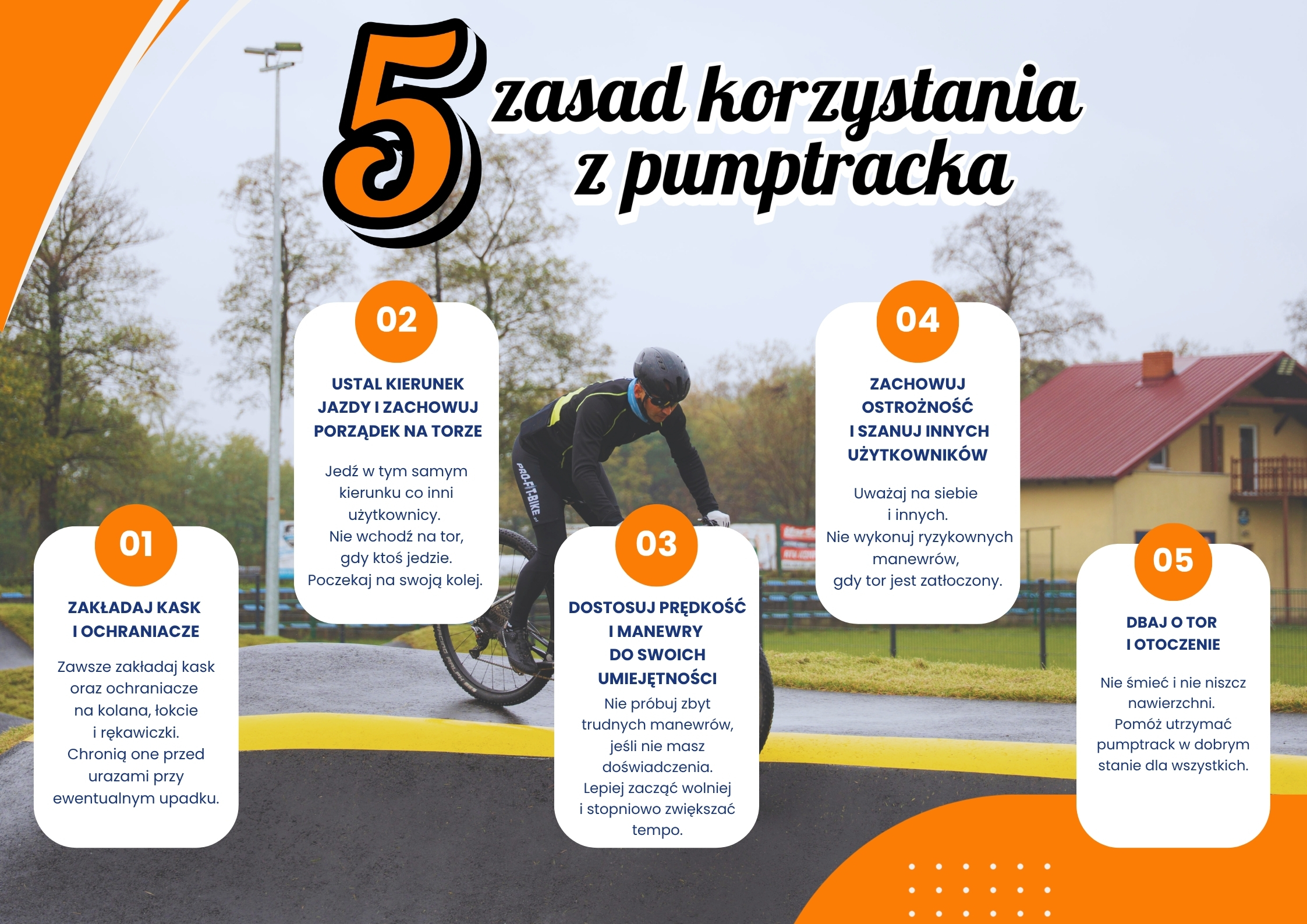 Na plakacie znajduje się tytuł „5 zasad korzystania z pumptracka”. W tle widać osobę jadącą na rowerze po torze pumptrackowym. Całość utrzymana jest w kolorystyce pomarańczowo-białej, z dynamicznym, sportowym stylem graficznym. Pod tytułem znajduje się pięć zasad, umieszczonych w białych polach z pomarańczowymi nagłówkami i numerami: ZAKŁADAJ KASK I OCHRANIACZE Zawsze zakładaj kask oraz ochraniacze na kolana, łokcie i rękawiczki. Chronią one przed urazami przy ewentualnym upadku. USTAL KIERUNEK JAZDY I ZACHOWUJ PORZĄDEK NA TORZE Jedź w tym samym kierunku co inni użytkownicy. Nie wchodź na tor, gdy ktoś jedzie. Poczekaj na swoją kolej. DOSTOSUJ PRĘDKOŚĆ I MANEWRY DO SWOICH UMIEJĘTNOŚCI Nie próbuj zbyt trudnych manewrów, jeśli nie masz doświadczenia. Lepiej zacząć wolniej i stopniowo zwiększać tempo. ZACHOWUJ OSTROŻNOŚĆ I SZANUJ INNYCH UŻYTKOWNIKÓW Uważaj na siebie i innych. Nie wykonuj ryzykownych manewrów, gdy tor jest zatłoczony. DBAJ O TOR I OTOCZENIE Nie śmieć i nie niszcz nawierzchni. Pomóż utrzymać pumptrack w dobrym stanie dla wszystkich.