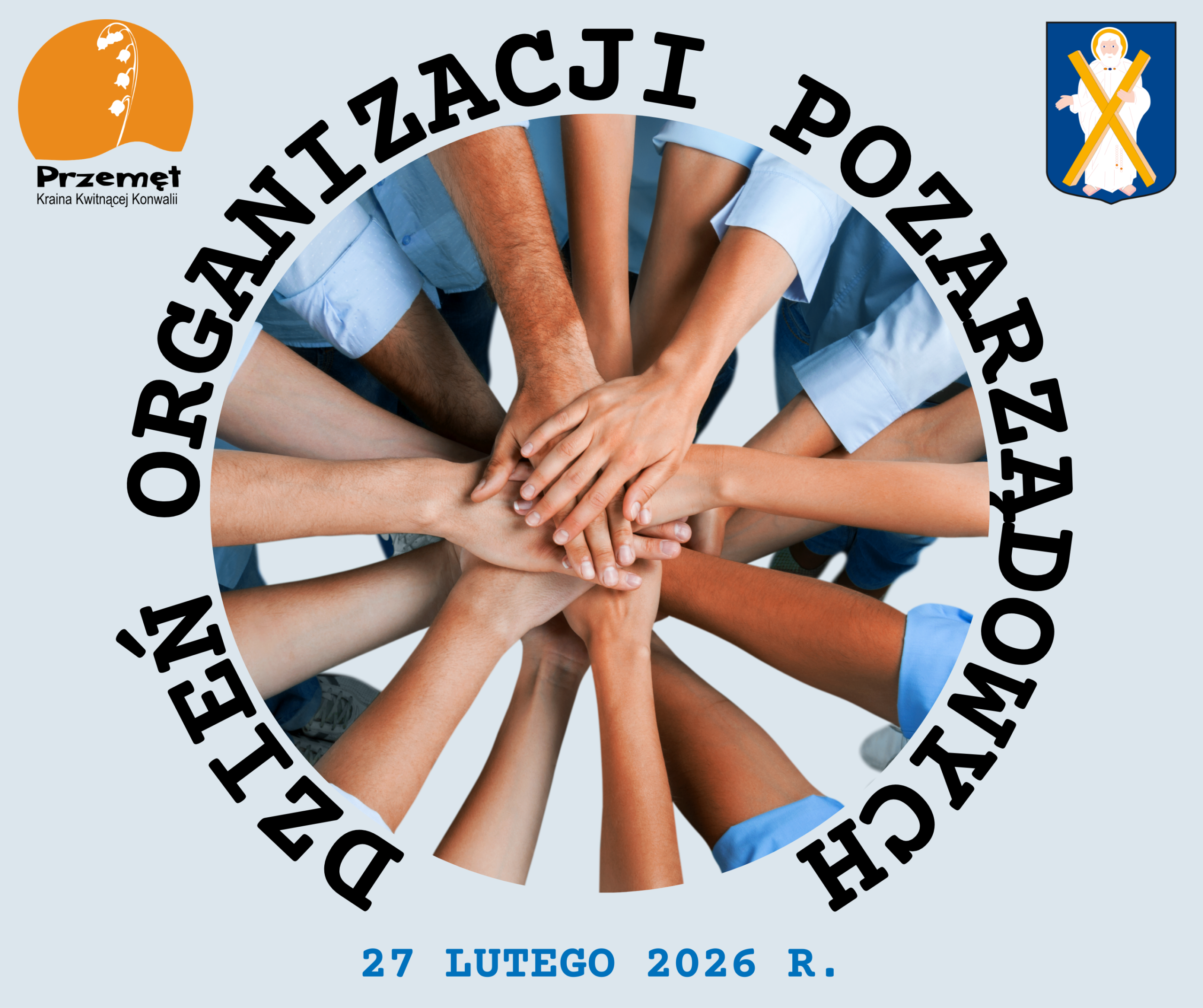 Grafika związana jest z organizacjami pozarządowymi. Widnieje na niej hasło „Dzień Organizacji Pozarządowych ”, ułożone w okrąg wokół zdjęcia przedstawiającego złączone dłonie kilku osób – symbol współpracy, solidarności i wspólnego działania. W lewym górnym rogu znajduje się logo gminy Przemęt natomiast w prawym – herb gminy. U dołu grafiki umieszczono datę: 27 lutego 2026 r.